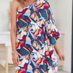 Emily Wonder Red and Orange Asymmetrical One Shoulder Dress